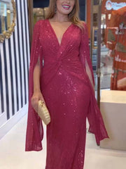 Inrosy robe longue v-cou brillante paillette nœud manches fendues manches longues femme de soirée cérémonie