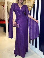 Inrosy robe longue v-cou brillante paillette nœud manches fendues manches longues femme de soirée cérémonie