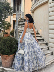 Inrosy longue robe de soirée imprimé à fleurie mousseline noeud papillon bustier sans manches femme élégant vintage bal de promo