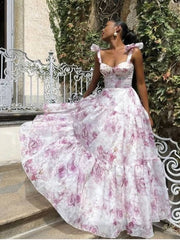 Inrosy longue robe de soirée imprimé à fleurie mousseline noeud papillon bustier sans manches femme élégant vintage bal de promo