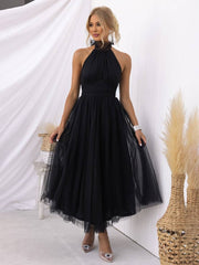 Inrosy longue robe trapèze licou découpes tutu en tulle noeud papillon sans manches femme doux élégant de soirée bal de promo