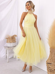 Inrosy longue robe trapèze licou découpes tutu en tulle noeud papillon sans manches femme doux élégant de soirée bal de promo