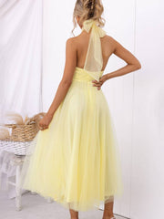 Inrosy longue robe trapèze licou découpes tutu en tulle noeud papillon sans manches femme doux élégant de soirée bal de promo