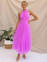 Inrosy longue robe trapèze licou découpes tutu en tulle noeud papillon sans manches femme doux élégant de soirée bal de promo