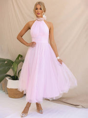 Inrosy longue robe trapèze licou découpes tutu en tulle noeud papillon sans manches femme doux élégant de soirée bal de promo