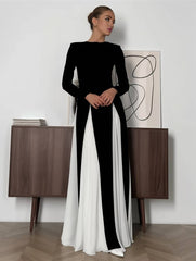 Inrosy robe longue blanche noir couleur bloc col rond manches longues femme élégant décontracté de soirée