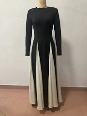 Inrosy robe longue blanche noir couleur bloc col rond manches longues femme élégant décontracté de soirée