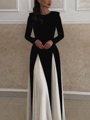 Inrosy robe longue blanche noir couleur bloc col rond manches longues femme élégant décontracté de soirée