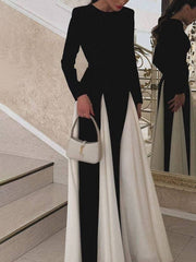 Inrosy robe longue blanche noir couleur bloc col rond manches longues femme élégant décontracté de soirée