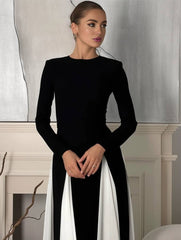 Inrosy robe longue blanche noir couleur bloc col rond manches longues femme élégant décontracté de soirée