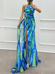 Inrosy robe longue imprimé à fleurie mousseline fendu le côté une épaule sans manches plume femme élégant de soirée