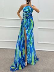 Inrosy robe longue imprimé à fleurie mousseline fendu le côté une épaule sans manches plume femme élégant de soirée