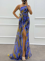 Inrosy robe longue imprimé à fleurie mousseline fendu le côté une épaule sans manches plume femme élégant de soirée