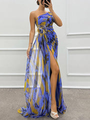 Inrosy robe longue imprimé à fleurie mousseline fendu le côté une épaule sans manches plume femme élégant de soirée