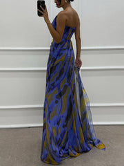 Inrosy robe longue imprimé à fleurie mousseline fendu le côté une épaule sans manches plume femme élégant de soirée