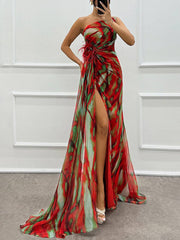 Inrosy robe longue imprimé à fleurie mousseline fendu le côté une épaule sans manches plume femme élégant de soirée