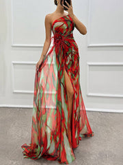 Inrosy robe longue imprimé à fleurie mousseline fendu le côté une épaule sans manches plume femme élégant de soirée
