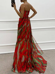 Inrosy robe longue imprimé à fleurie mousseline fendu le côté une épaule sans manches plume femme élégant de soirée