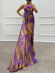 Inrosy robe longue imprimé à fleurie mousseline fendu le côté une épaule sans manches plume femme élégant de soirée