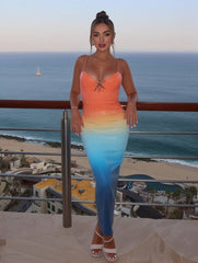 Inrosy robe longue moulante couleur dégradé brillante paillette fendu à fines brides v-cou femme décontracté de soirée