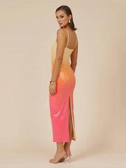 Inrosy robe longue moulante couleur dégradé brillante paillette fendu à fines brides v-cou femme décontracté de soirée