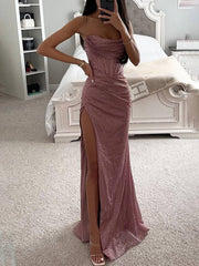 Inrosy robe longue moulante fendu le côté bustier à fines brides sans manches femme élégant de soirée