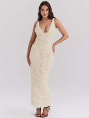 Inrosy robe longue moulante fendu appliques décolleté plongeant sans manches femme élégant de soirée pour mariage