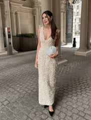 Inrosy robe longue moulante fendu appliques décolleté plongeant sans manches femme élégant de soirée pour mariage