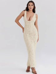 Inrosy robe longue moulante fendu appliques décolleté plongeant sans manches femme élégant de soirée pour mariage