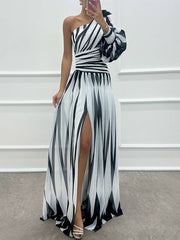Inrosy robe longue imprimé zèbre fendu le côté fluide une épaule femme élégant de soirée bal de promo