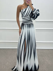 Inrosy robe longue imprimé zèbre fendu le côté fluide une épaule femme élégant de soirée bal de promo