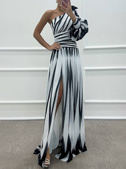 Inrosy robe longue imprimé zèbre fendu le côté fluide une épaule femme élégant de soirée bal de promo