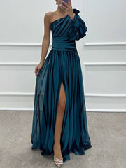 Inrosy robe longue imprimé zèbre fendu le côté fluide une épaule femme élégant de soirée bal de promo