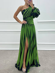 Inrosy robe longue imprimé zèbre fendu le côté fluide une épaule femme élégant de soirée bal de promo