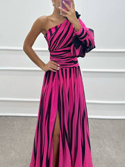 Inrosy robe longue imprimé zèbre fendu le côté fluide une épaule femme élégant de soirée bal de promo
