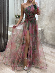 Inrosy robe longue imprimé à fleurie tulle fendu une épaule manches bishop manches longues femme élégant de soirée