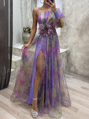 Inrosy robe longue imprimé à fleurie tulle fendu une épaule manches bishop manches longues femme élégant de soirée