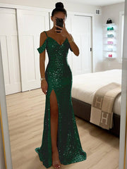 Inrosy longue robe v-cou brillante paillette fendu le côté épaules fendues sans manches femme élégant de soirée cérémonie