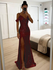 Inrosy longue robe v-cou brillante paillette fendu le côté épaules fendues sans manches femme élégant de soirée cérémonie