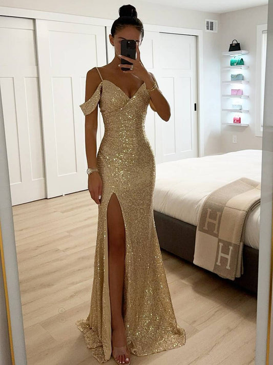 Inrosy longue robe v-cou brillante paillette fendu le côté épaules fendues sans manches femme élégant de soirée cérémonie
