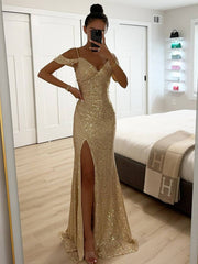 Inrosy longue robe v-cou brillante paillette fendu le côté épaules fendues sans manches femme élégant de soirée cérémonie