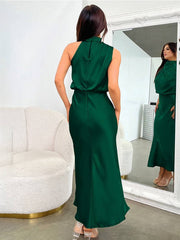 Inrosy longue robe demoiselle d'honneur en satin irrégulière col roulé licou sans manches femme élégant de soirée pour mariage