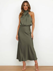 Inrosy longue robe demoiselle d'honneur en satin irrégulière col roulé licou sans manches femme élégant de soirée pour mariage