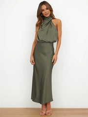 Inrosy longue robe demoiselle d'honneur en satin irrégulière col roulé licou sans manches femme élégant de soirée pour mariage