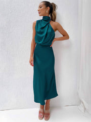 Inrosy longue robe demoiselle d'honneur en satin irrégulière col roulé licou sans manches femme élégant de soirée pour mariage