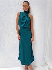 Inrosy longue robe demoiselle d'honneur en satin irrégulière col roulé licou sans manches femme élégant de soirée pour mariage
