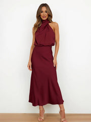 Inrosy longue robe demoiselle d'honneur en satin irrégulière col roulé licou sans manches femme élégant de soirée pour mariage