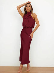 Inrosy longue robe demoiselle d'honneur en satin irrégulière col roulé licou sans manches femme élégant de soirée pour mariage