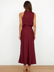 Inrosy longue robe demoiselle d'honneur en satin irrégulière col roulé licou sans manches femme élégant de soirée pour mariage