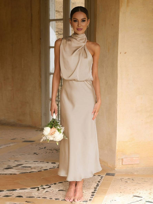 Inrosy longue robe demoiselle d'honneur en satin irrégulière col roulé licou sans manches femme élégant de soirée pour mariage